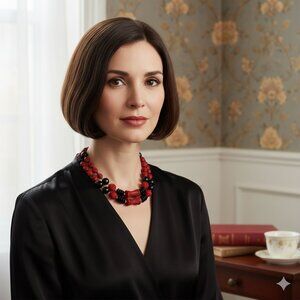 Vintage Chinese Black Red Cinnabar Bead Double Strand Necklace Sterling Clasp